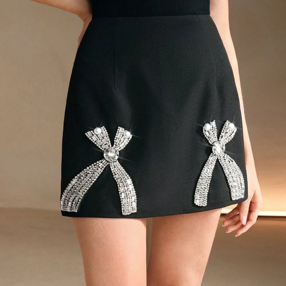 Black Casual Women's Christmas Rhinestone Bow-Knot Midi Skirt